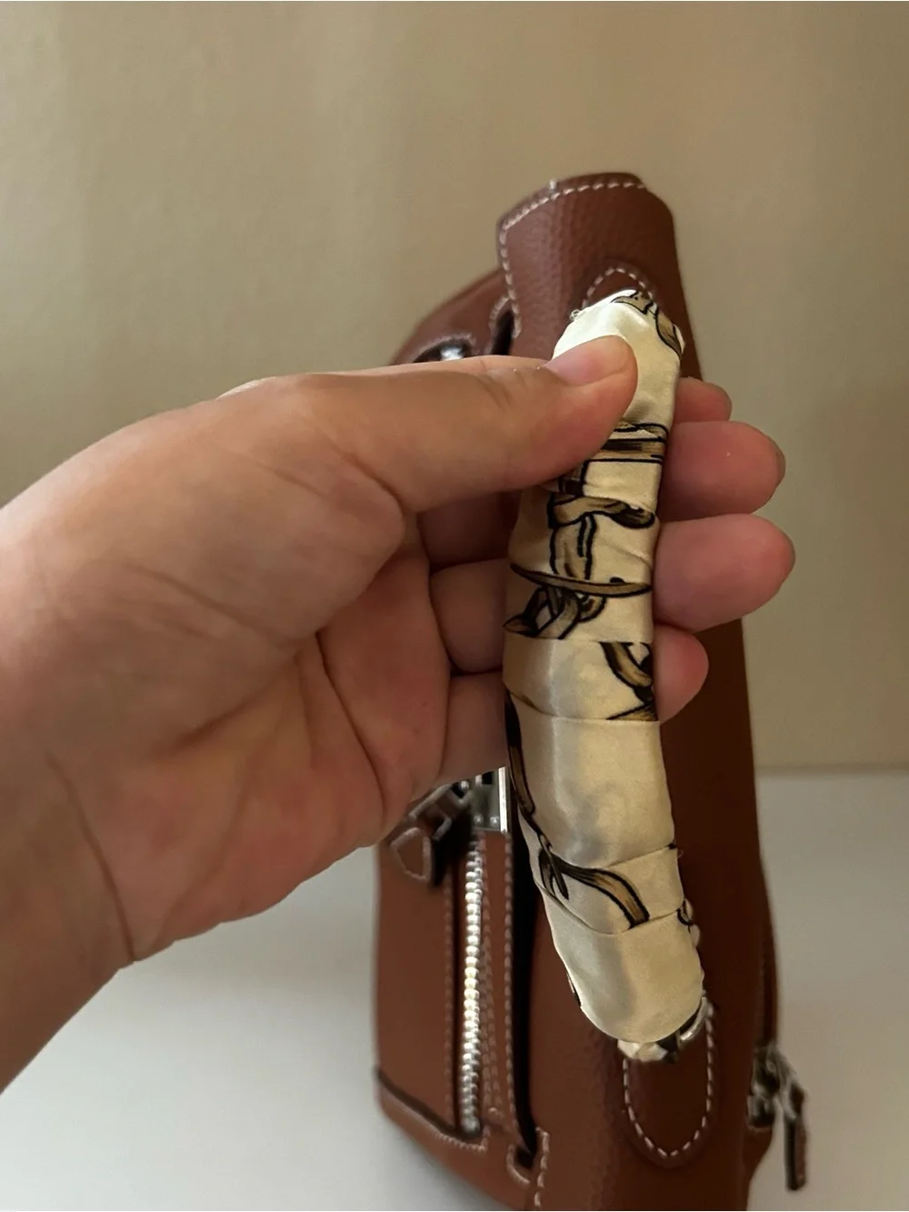 25cm Double Front Pocket Brown Leather Satchel with Scarf-Wrapped Handle